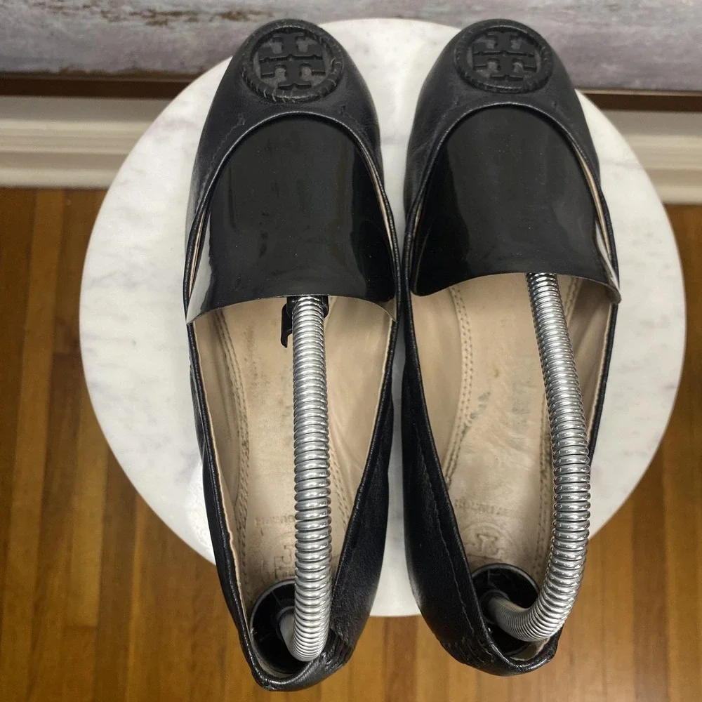 Tory Burch Ballet Flat Shoes Womens Size 7 Black Leather Logo Slip On Round Toe